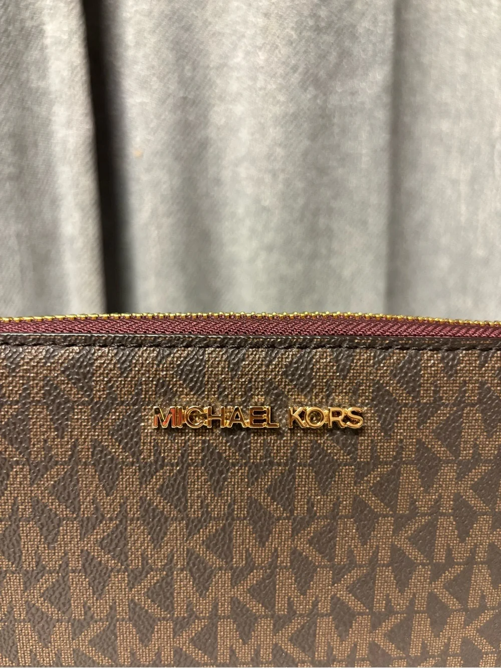 Michael Kors Brown Burgundy MK Signature Wristlet Clutch